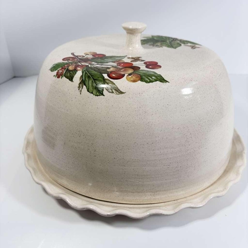 Vintage Earthenware Handpainted Fruit Cake Plate With Cover RARE